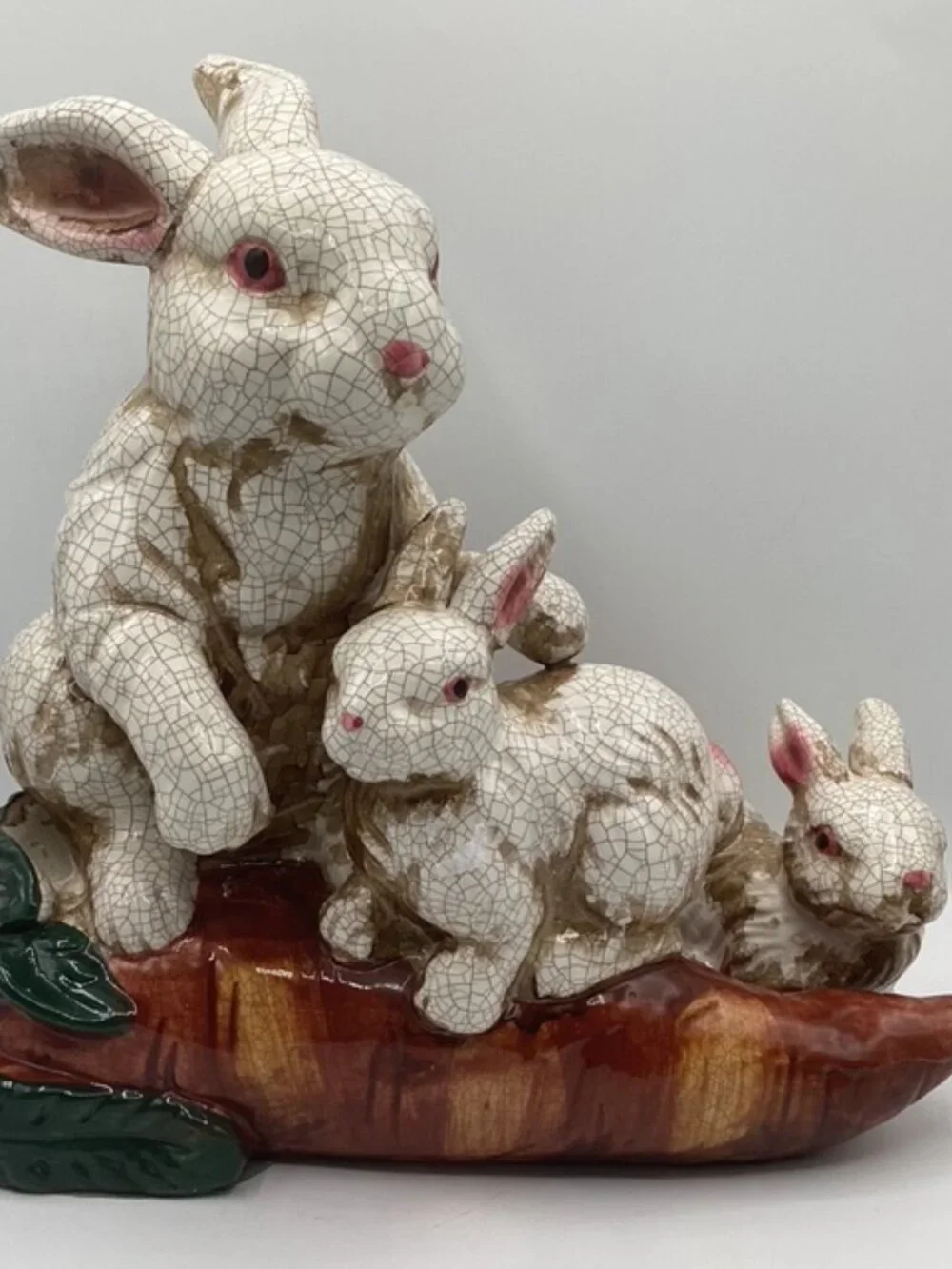 Rabbit Family Majolica Style Ceramic‎ Statue Hand Painted Crackled Glaze 11x11x5